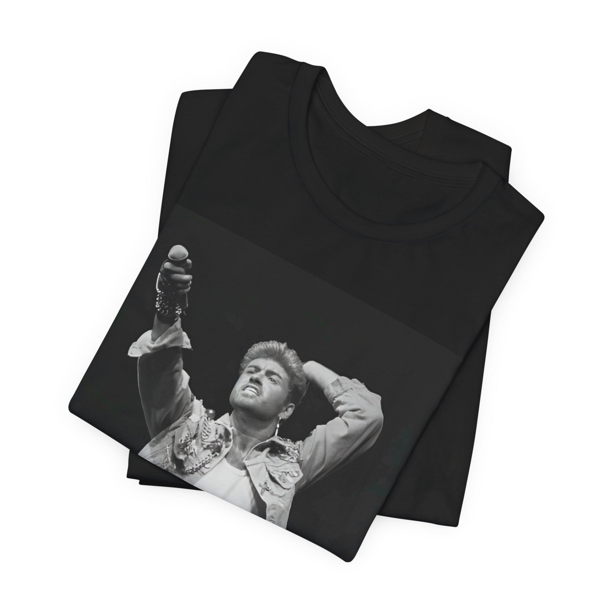 A black graphic t-shirt featuring a graphic or photo of George Michael performing live on stage.