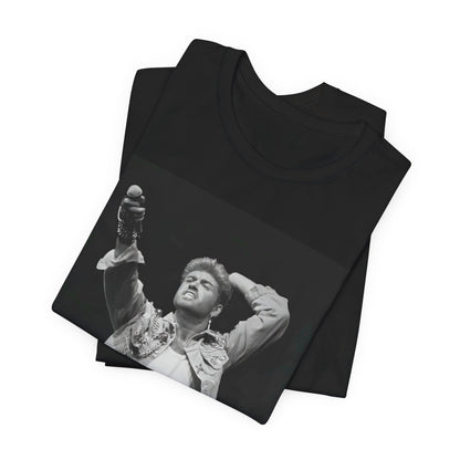 A black graphic t-shirt featuring a graphic or photo of George Michael performing live on stage.
