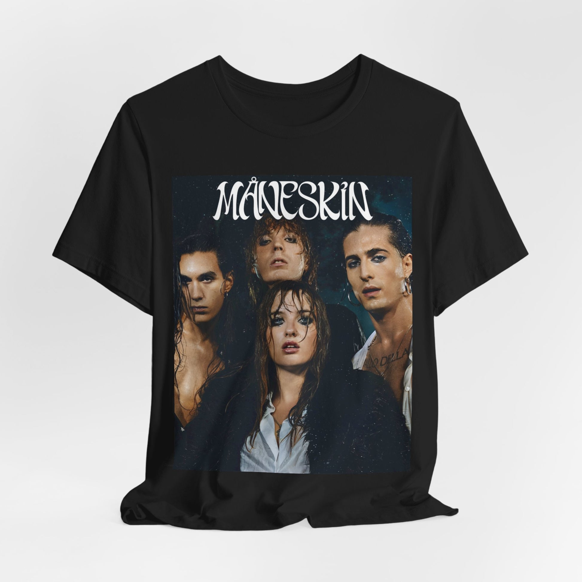 A black graphic t-shirt featuring a graphic of Maneskin with cool Italian rock vibes.