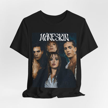 A black graphic t-shirt featuring a graphic of Maneskin with cool Italian rock vibes.
