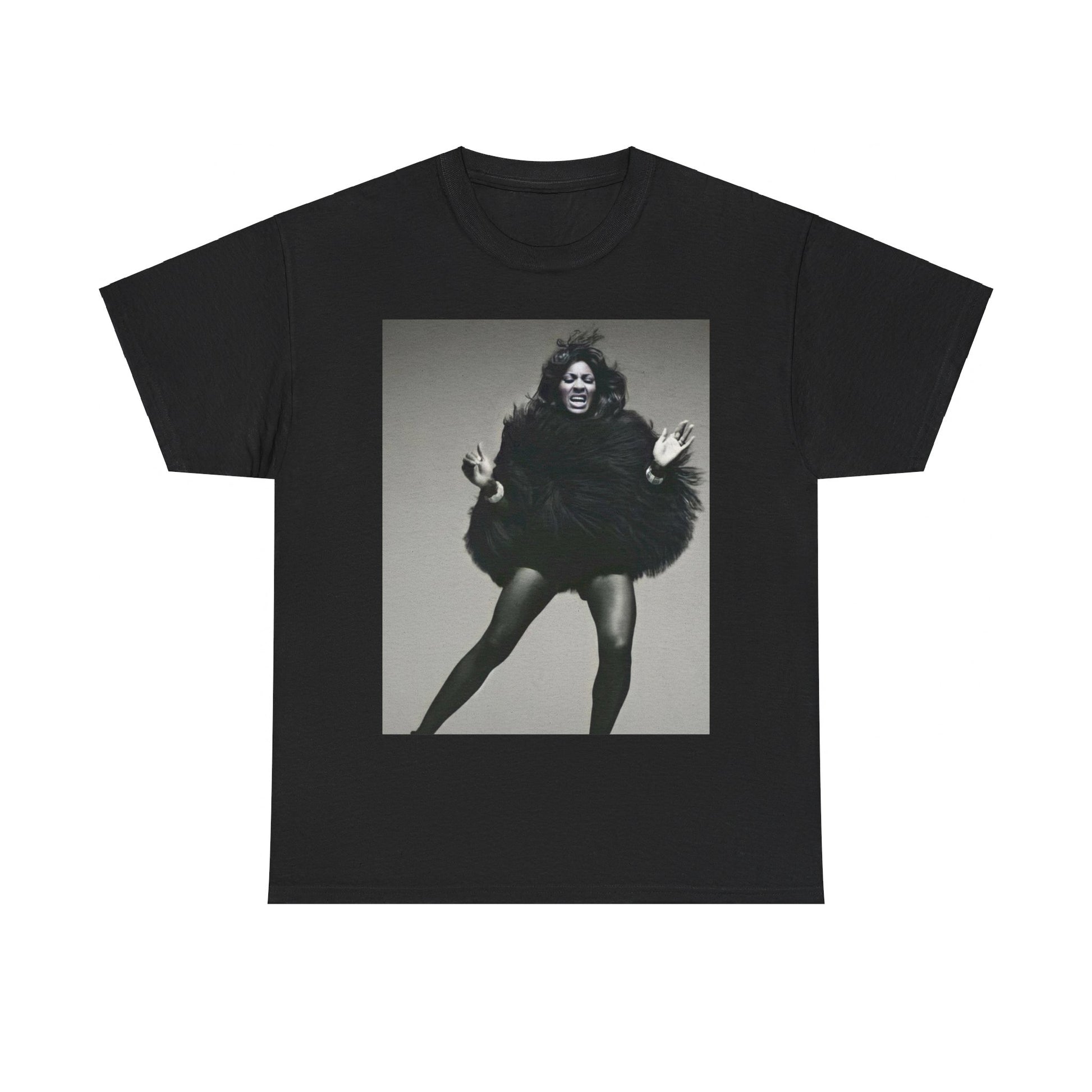 A black graphic t-shirt featuring a black and white portrait photo of Tina Turner.
