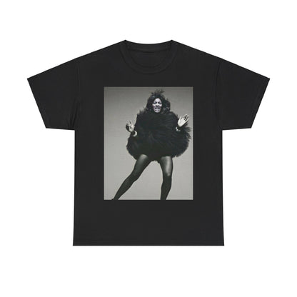 A black graphic t-shirt featuring a black and white portrait photo of Tina Turner.