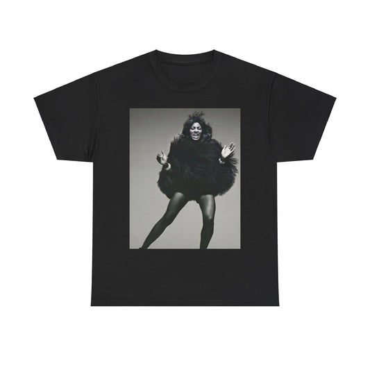 A black graphic t-shirt featuring a black and white portrait photo of Tina Turner.