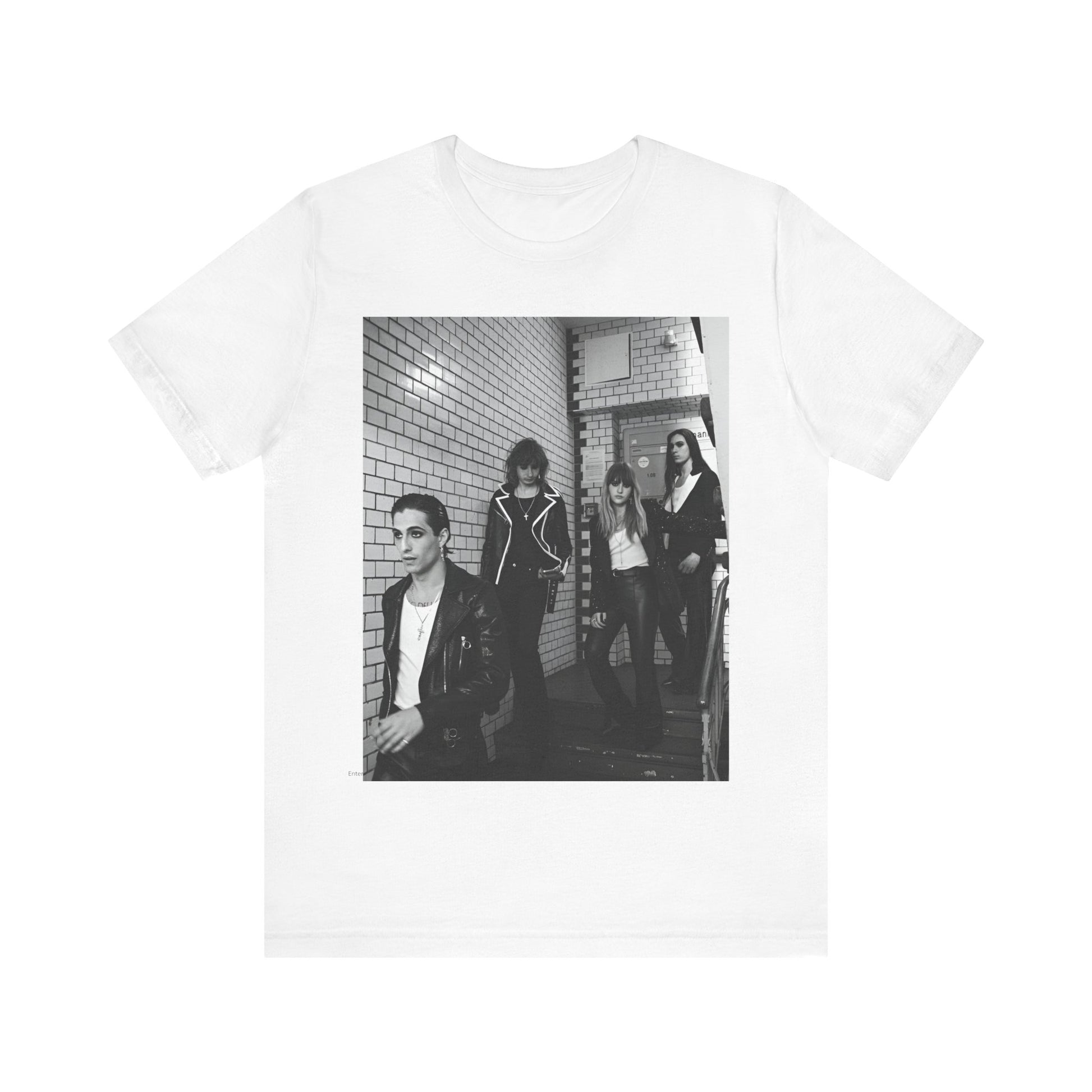A black graphic t-shirt featuring a black and white graphic or photo of Maneskin in a backstage setting.