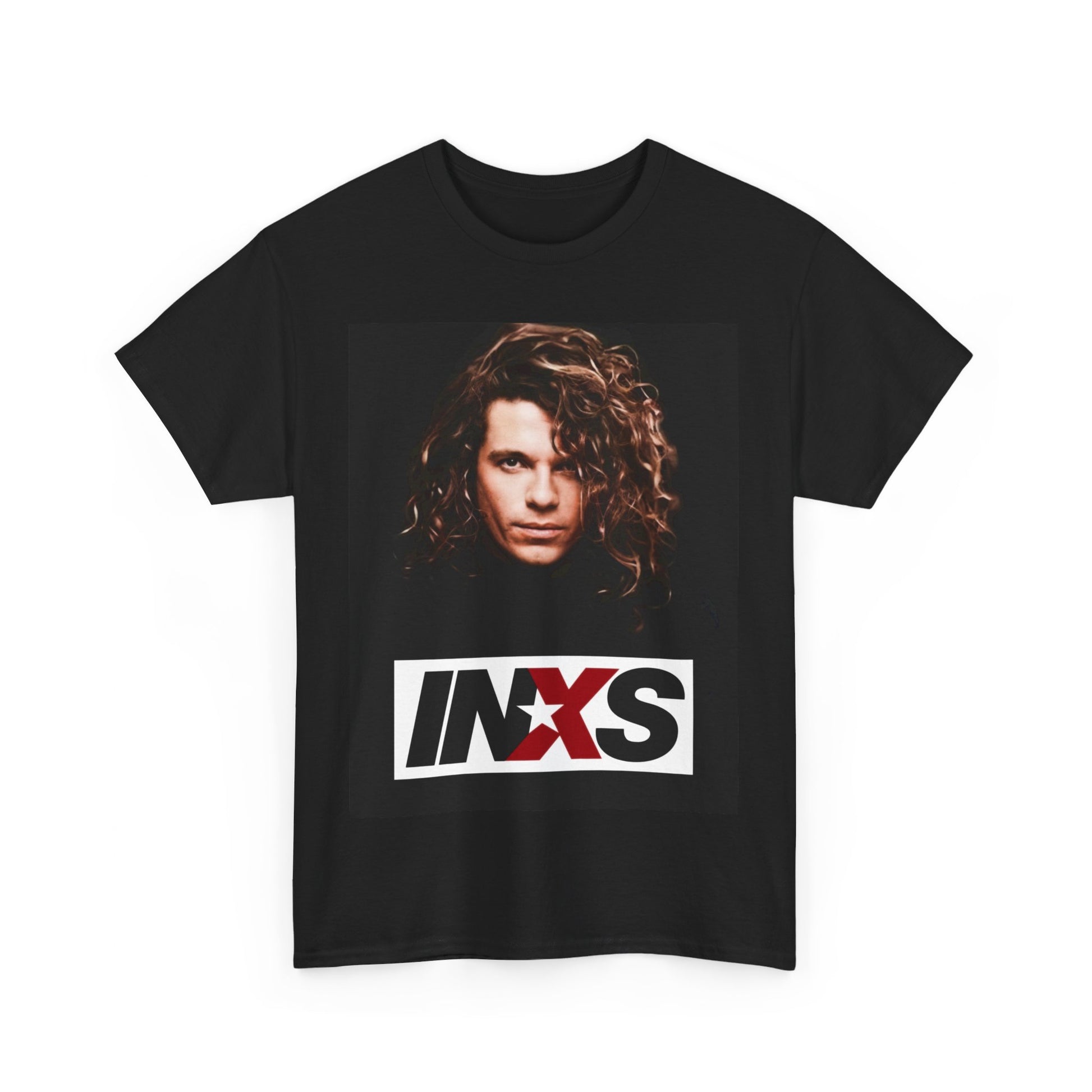 A black graphic t-shirt featuring a graphic of Michael Hutchence from INXS as a frontman legend.