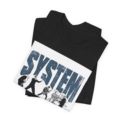 A black graphic t-shirt featuring a graphic of System of a Down as nu-metal pioneers.