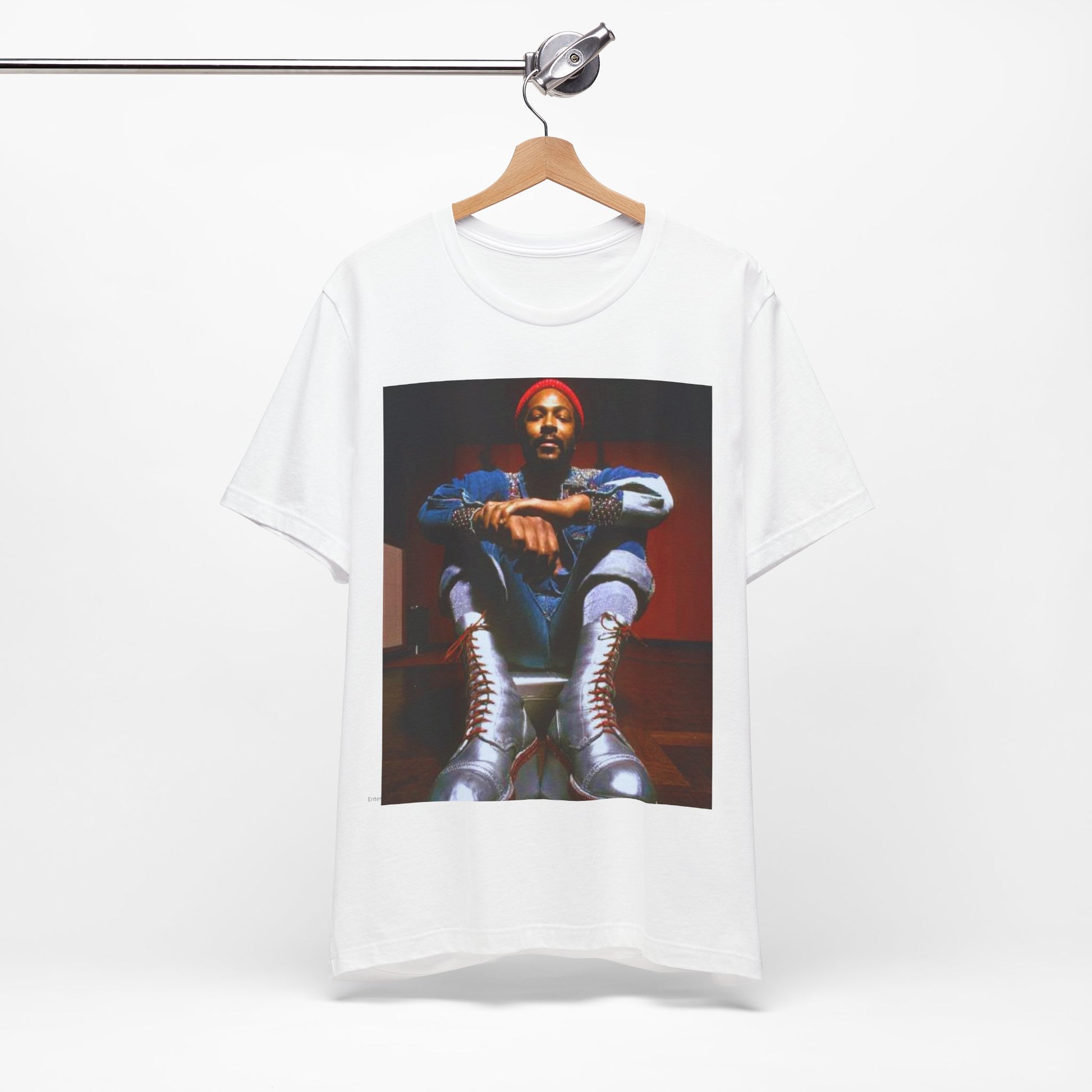 A black graphic t-shirt featuring a graphic of Marvin Gaye as the King of Motown soul legend.