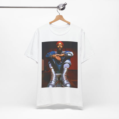 A black graphic t-shirt featuring a graphic of Marvin Gaye as the King of Motown soul legend.