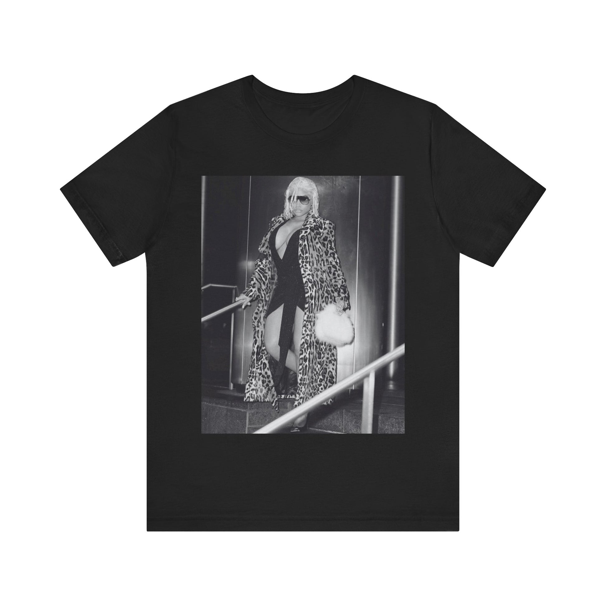 A black graphic t-shirt featuring a black and white glam aesthetic graphic of Nicki Minaj.