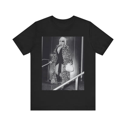 A black graphic t-shirt featuring a black and white glam aesthetic graphic of Nicki Minaj.