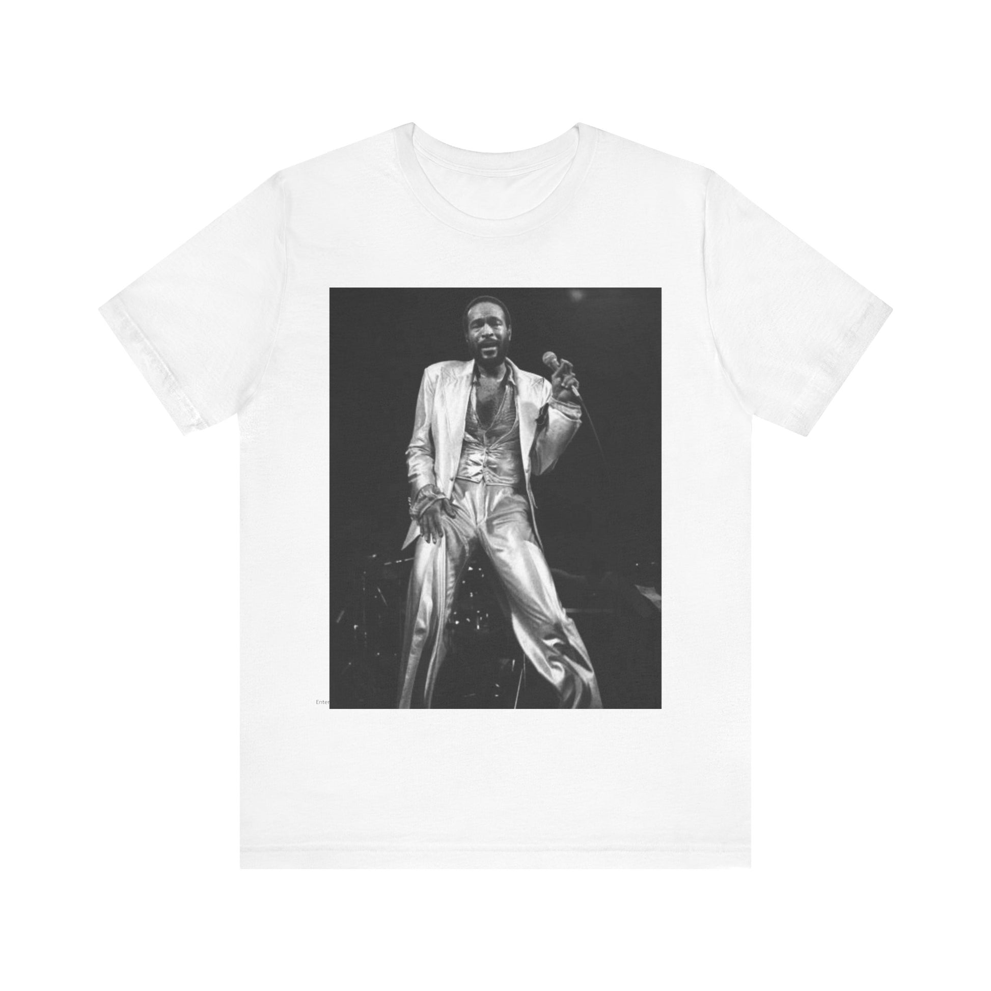 A black graphic t-shirt featuring a live graphic related to Marvin Gaye's 'Sexual Healing' song or era.