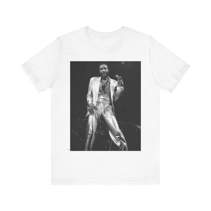 A black graphic t-shirt featuring a live graphic related to Marvin Gaye's 'Sexual Healing' song or era.