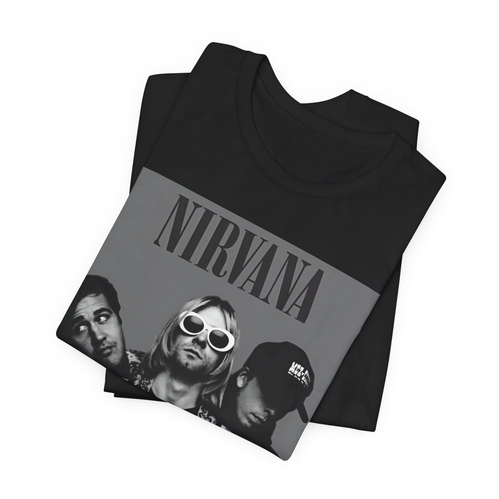 A black graphic t-shirt featuring a black and white, monochrome graphic or photo of Nirvana.