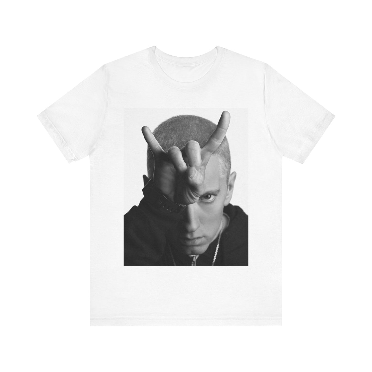 A black graphic t-shirt featuring a graphic related to Eminem's 'My Name Is' song or era.