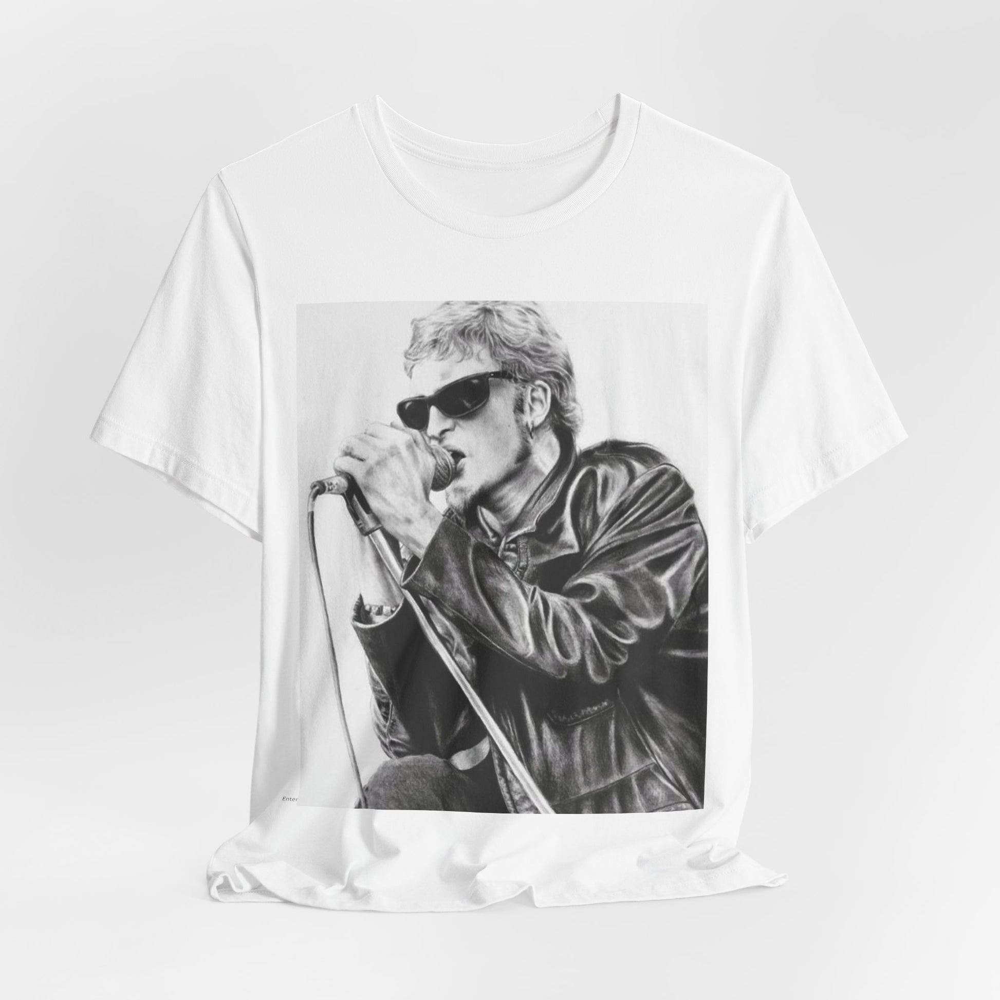 A black graphic t-shirt featuring a photo of Layne Staley from Alice In Chains performing live in concert, showing his intense stage presence.