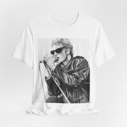 A black graphic t-shirt featuring a photo of Layne Staley from Alice In Chains performing live in concert, showing his intense stage presence.