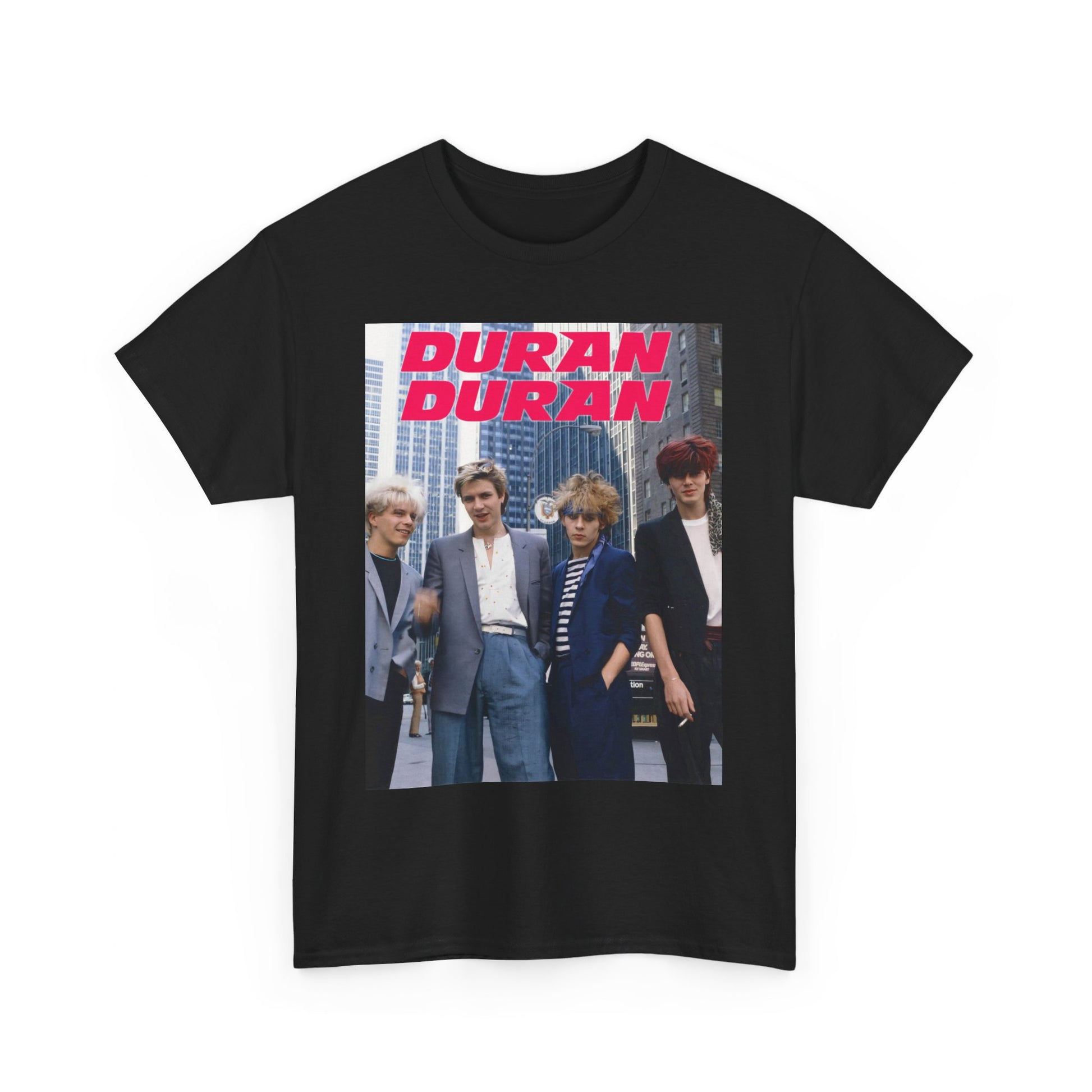 A black graphic t-shirt featuring a vintage 80s new romantic graphic of Duran Duran.