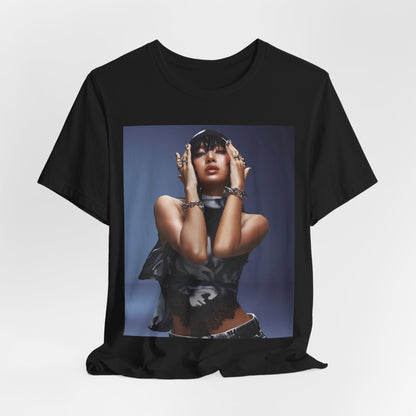 A black graphic t-shirt featuring a bold visual graphic of Lisa from K-Pop.