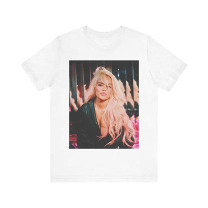 A black graphic t-shirt featuring a graphic of Karol G as an empowered Latina icon.