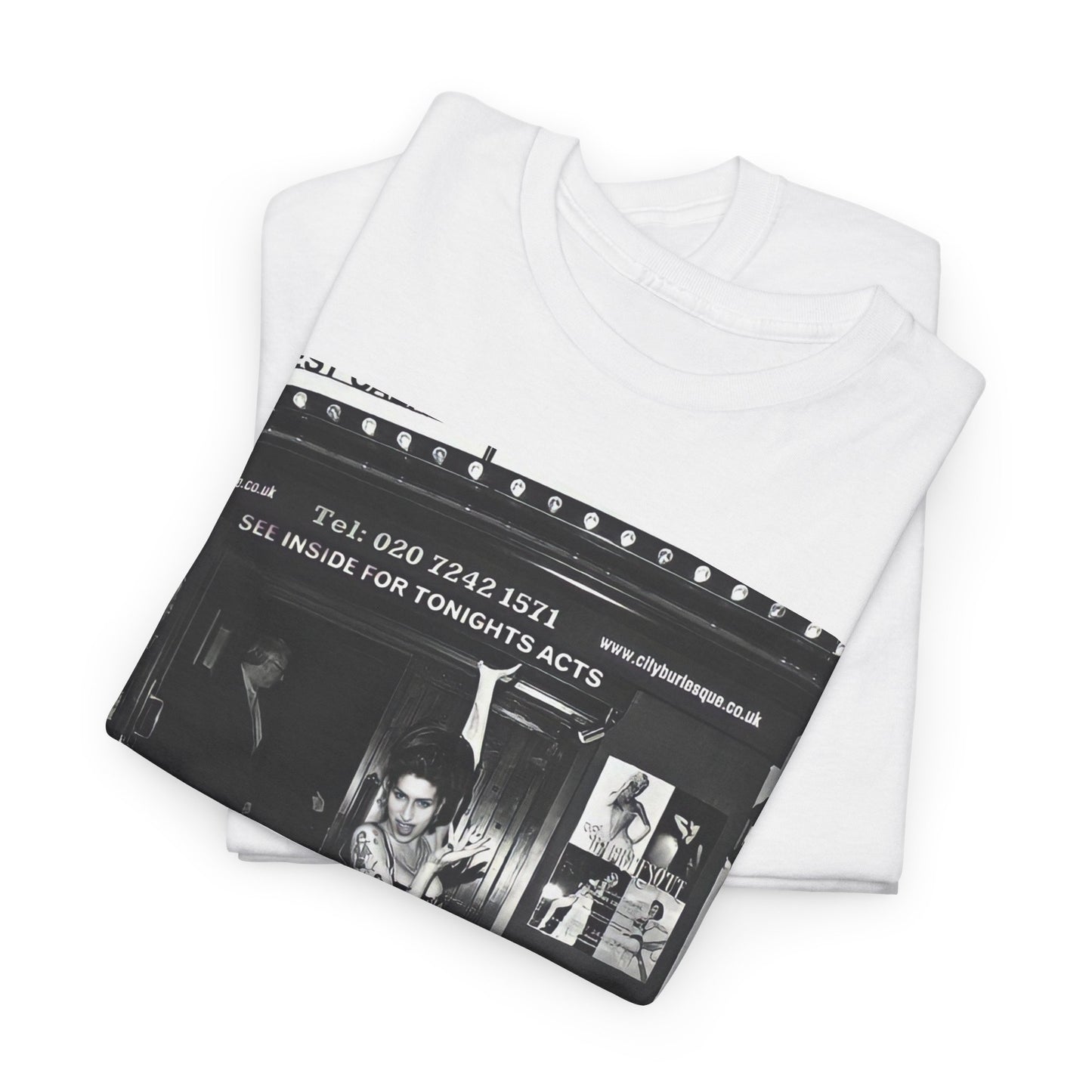 A black graphic t-shirt featuring a black and white graphic of Amy Winehouse in a burlesque club setting, stylized to evoke that ambiance.