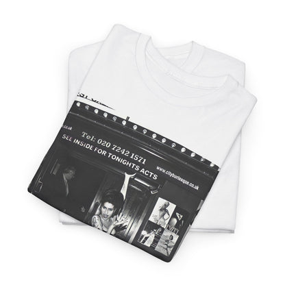A black graphic t-shirt featuring a black and white graphic of Amy Winehouse in a burlesque club setting, stylized to evoke that ambiance.