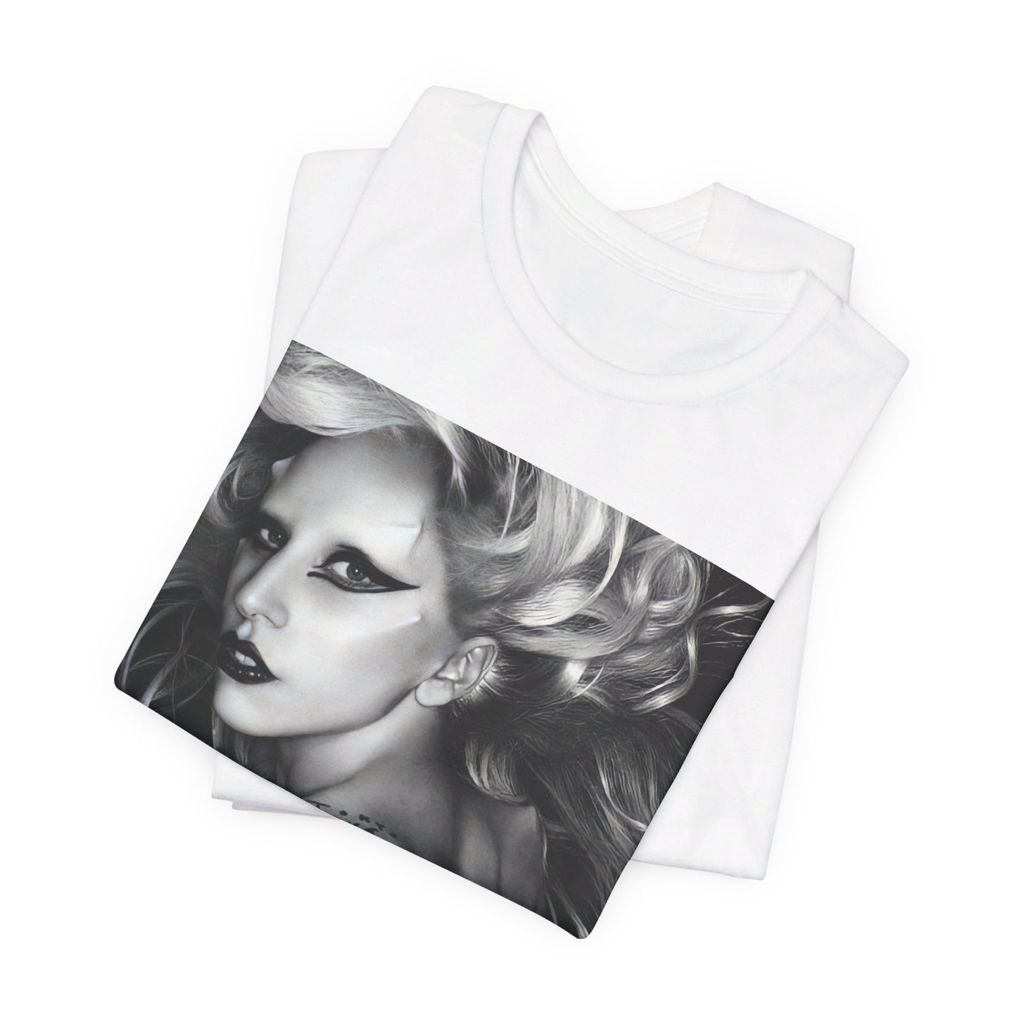 A black graphic t-shirt featuring a modern pop essential graphic of Lady Gaga.