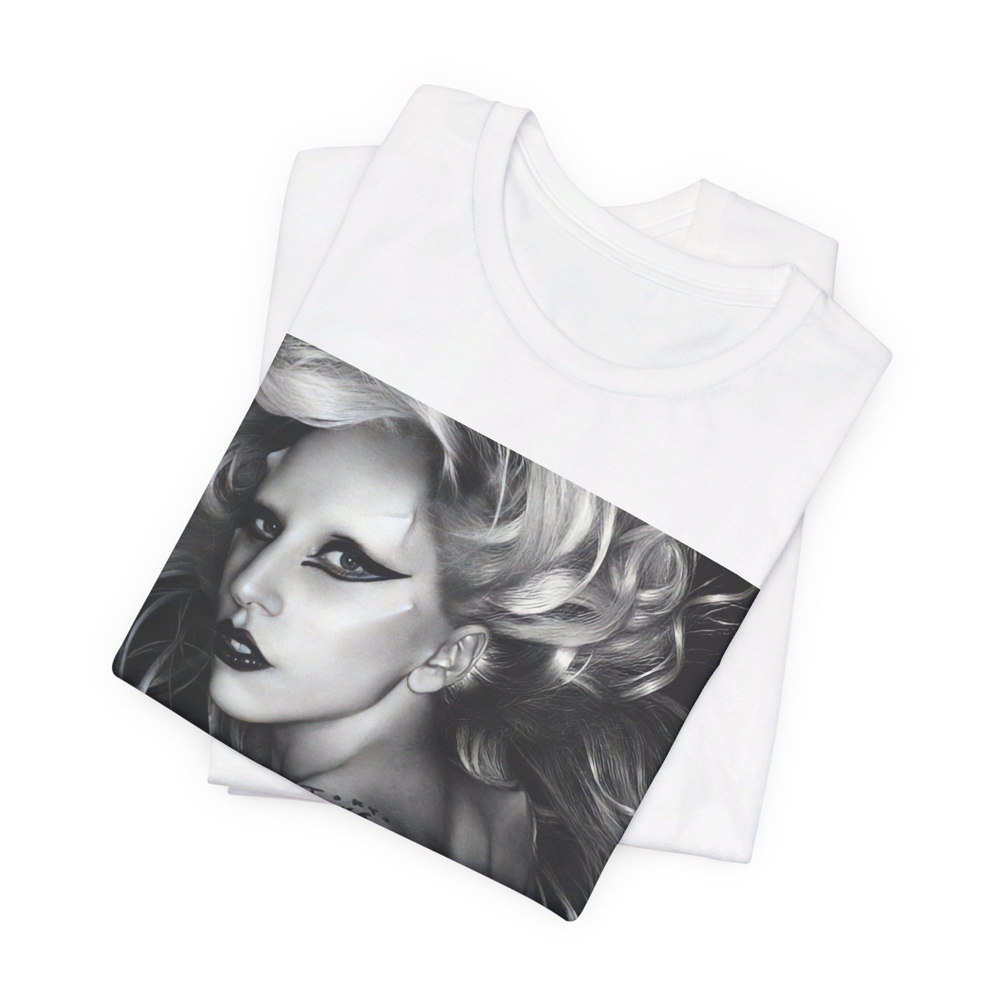 A black graphic t-shirt featuring a modern pop essential graphic of Lady Gaga.