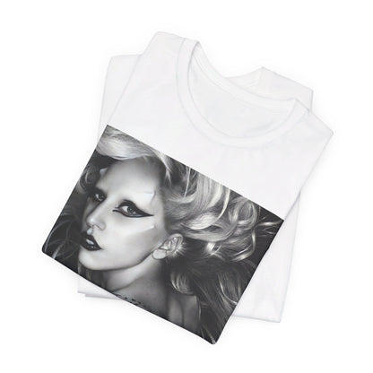 A black graphic t-shirt featuring a modern pop essential graphic of Lady Gaga.