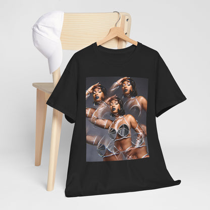 A black graphic t-shirt featuring a 'Hottie' rap icon graphic of Megan Thee Stallion.