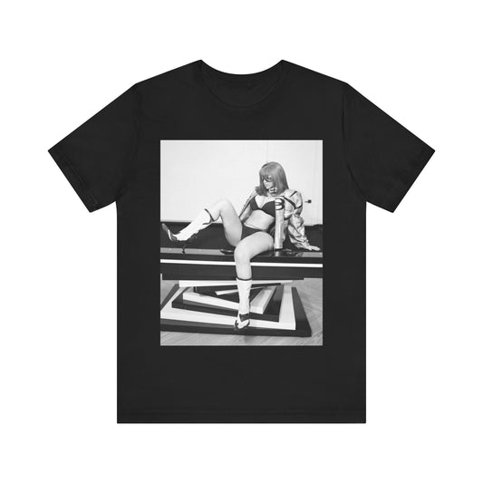 A black graphic t-shirt featuring an artistic or aesthetic graphic of Cardi B in a hip hop style.