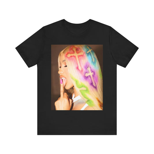 A black graphic t-shirt featuring a graphic related to Cardi B's 'Invasion of Privacy' album era.