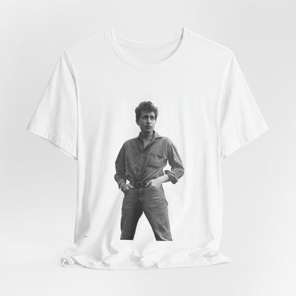A black graphic t-shirt featuring a vintage 60s folk aesthetic graphic of Bob Dylan.