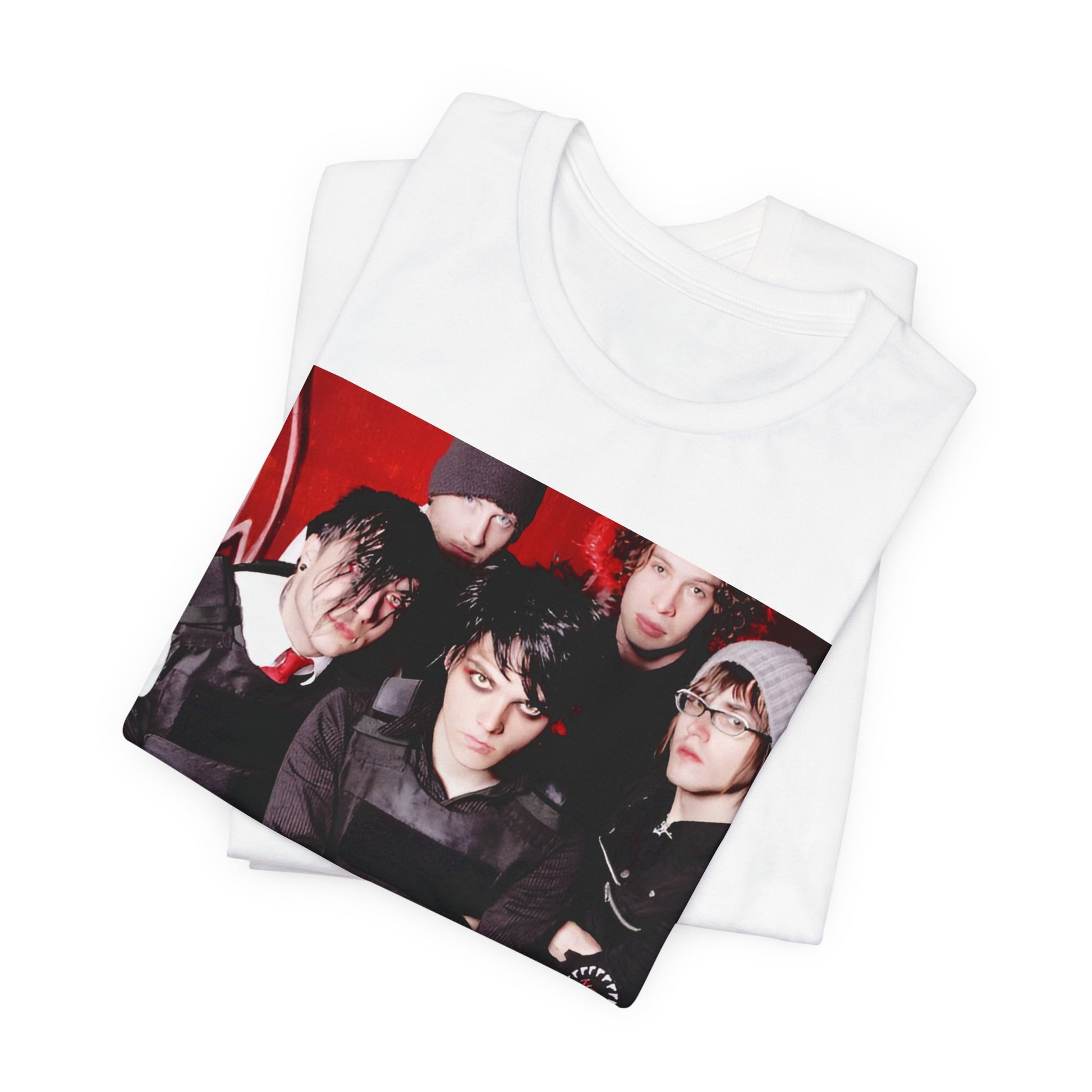 A black graphic t-shirt featuring a boxy graphic related to My Chemical Romance's 'Black Parade' album era.