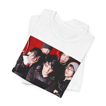 A black graphic t-shirt featuring a boxy graphic related to My Chemical Romance's 'Black Parade' album era.