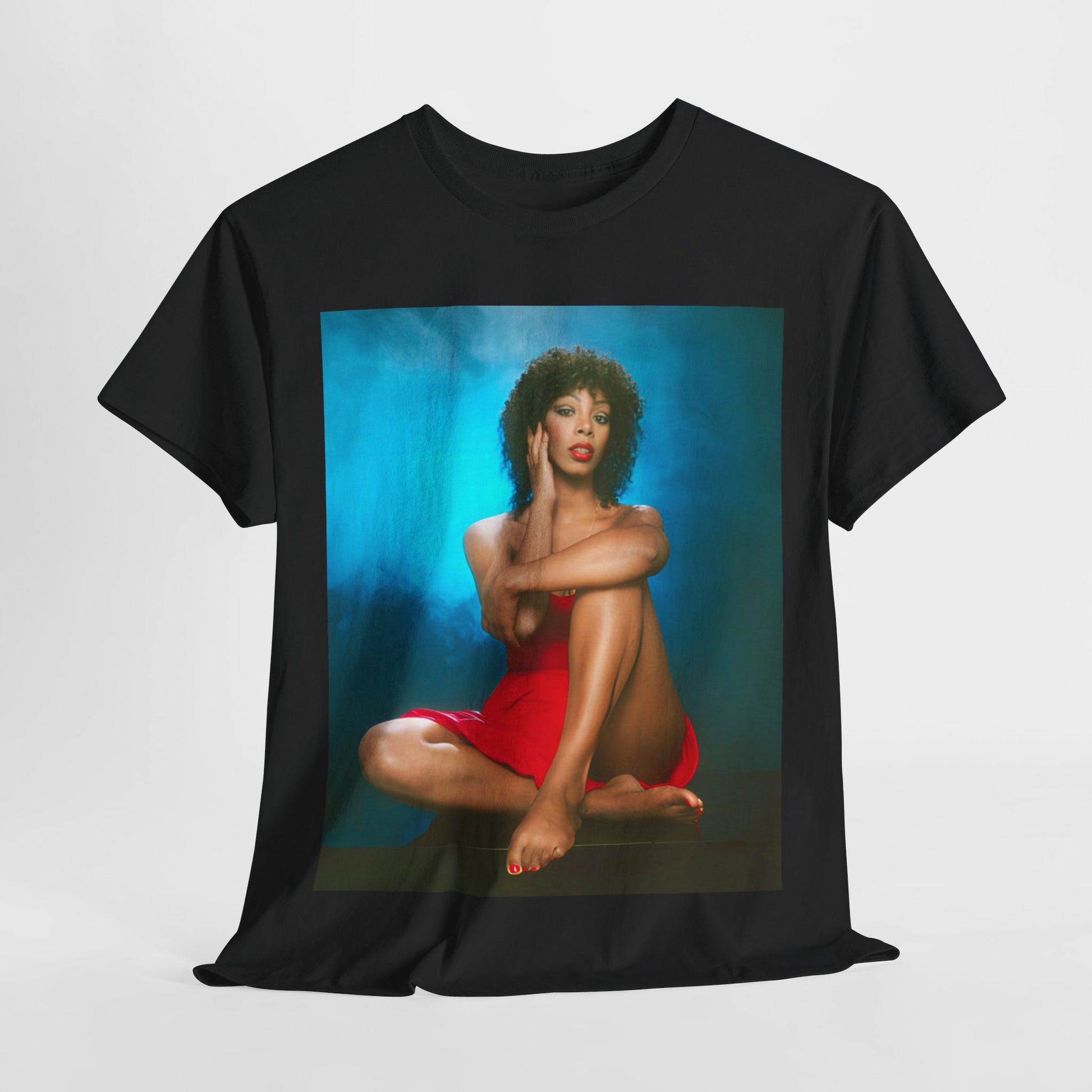 A black graphic t-shirt featuring a vintage 70s graphic of Donna Summer as a disco queen.