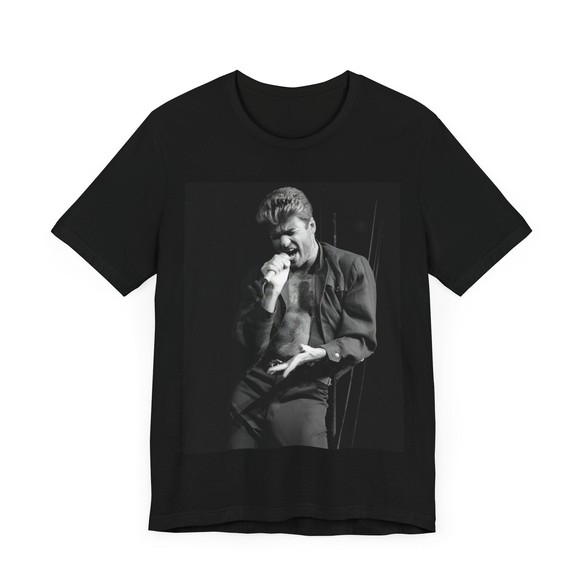 A black graphic t-shirt featuring a glamorous photo or graphic of George Michael performing live.