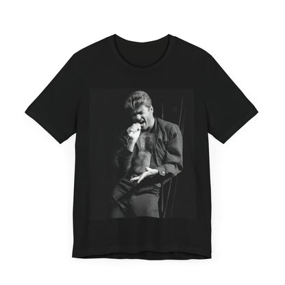 A black graphic t-shirt featuring a glamorous photo or graphic of George Michael performing live.