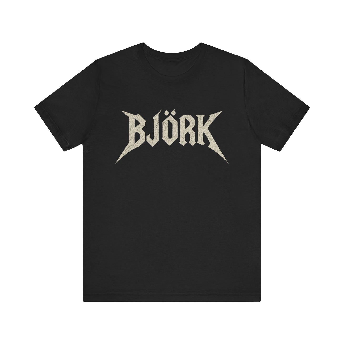 A black graphic t-shirt featuring the Bjork logo in a black and white, aesthetic style.