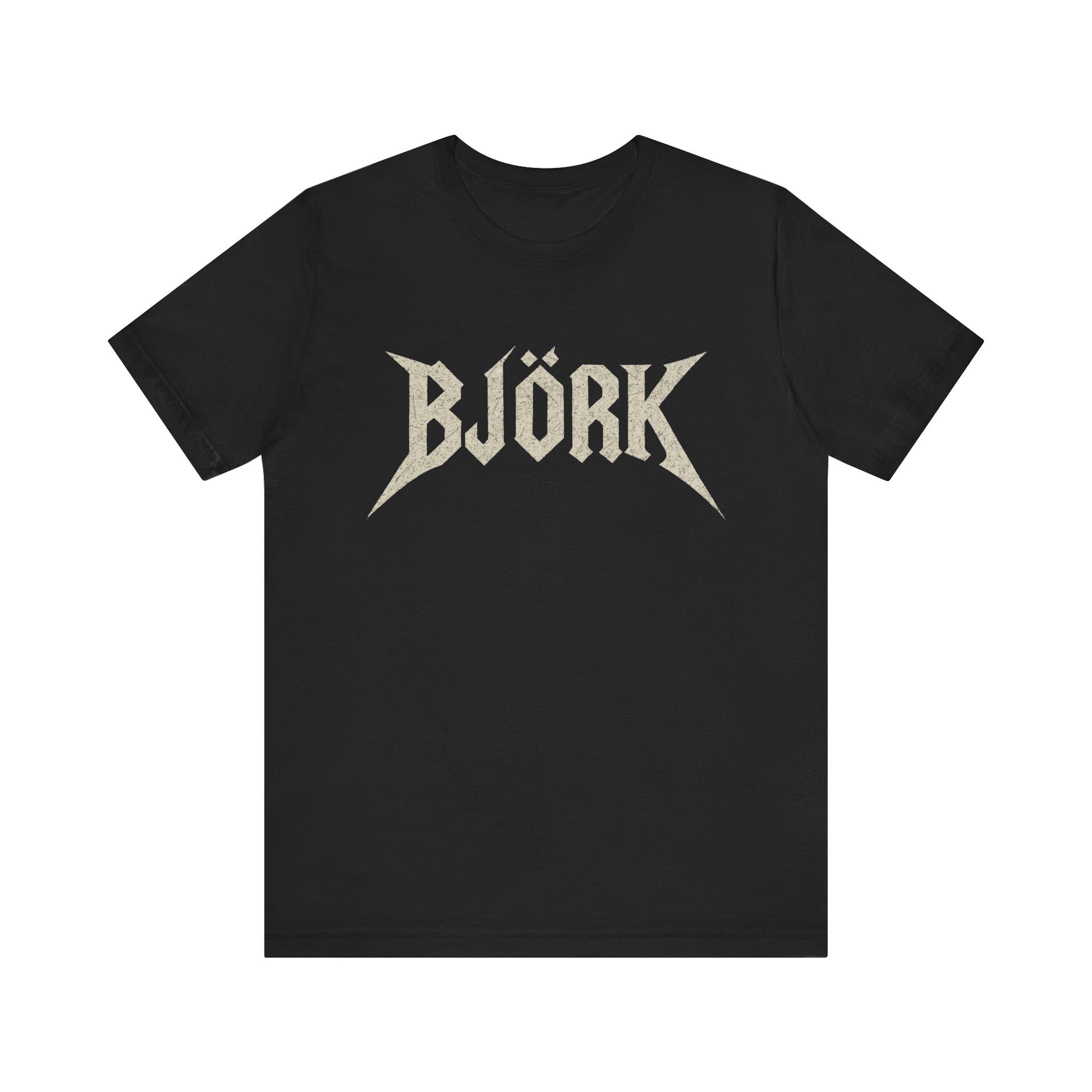 A black graphic t-shirt featuring the Bjork logo in a black and white, aesthetic style.