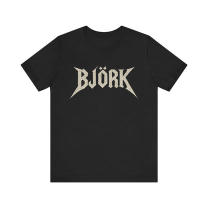 A black graphic t-shirt featuring the Bjork logo in a black and white, aesthetic style.