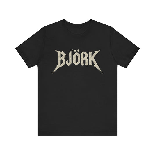 A black graphic t-shirt featuring the Bjork logo in a black and white, aesthetic style.
