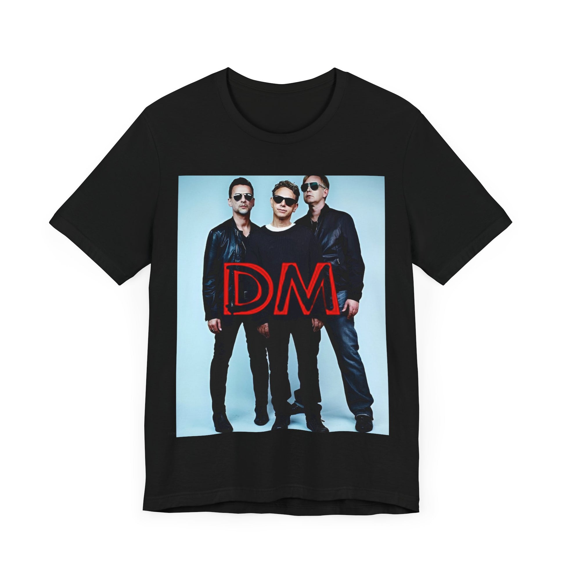 A black graphic t-shirt featuring a retro electropop graphic of Depeche Mode.