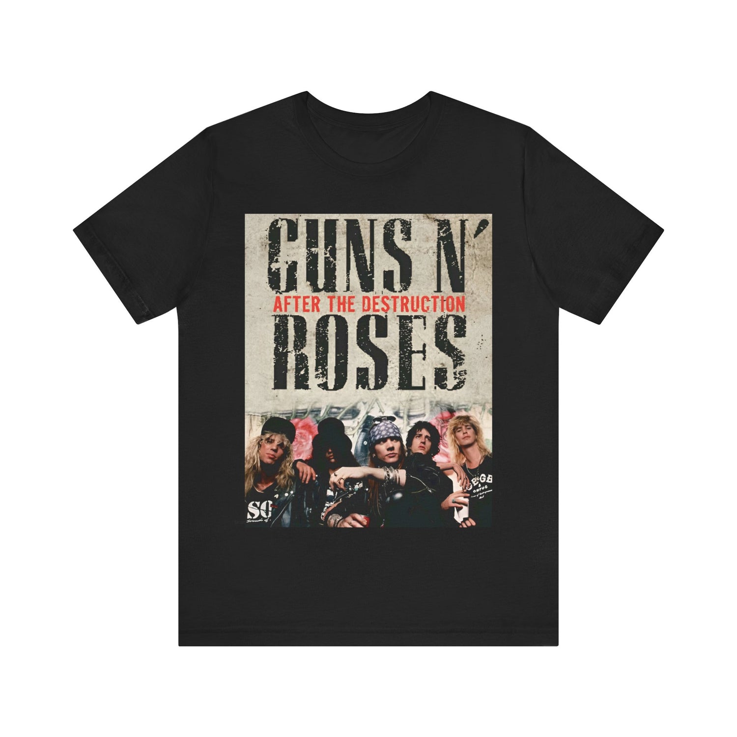 A black graphic t-shirt featuring a graphic related to Guns N' Roses, with a theme of 'after the destruction'.