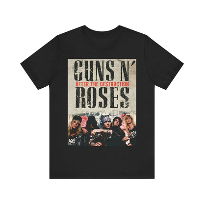 A black graphic t-shirt featuring a graphic related to Guns N' Roses, with a theme of 'after the destruction'.