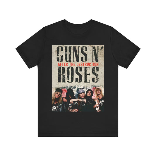 A black graphic t-shirt featuring a graphic related to Guns N' Roses, with a theme of 'after the destruction'.