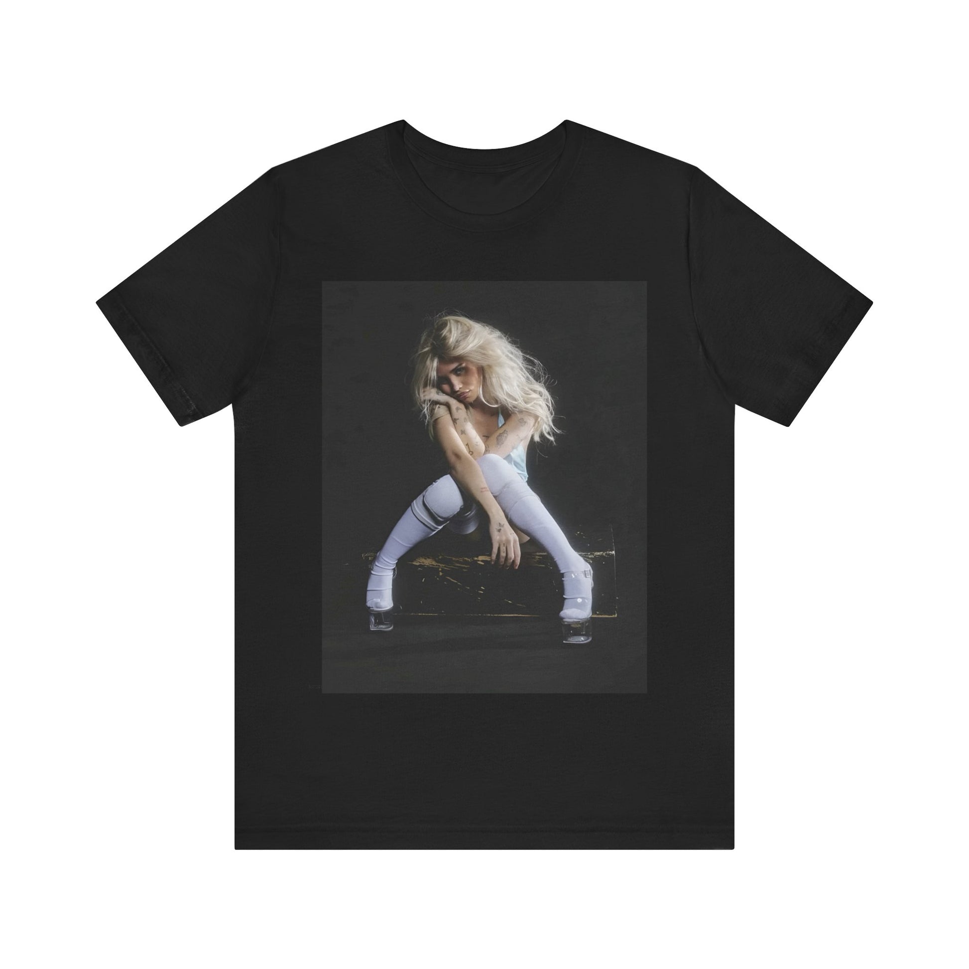 A black graphic t-shirt featuring a graphic of Nessa Barrett with dark pop vibes aesthetic.