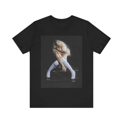 A black graphic t-shirt featuring a graphic of Nessa Barrett with dark pop vibes aesthetic.