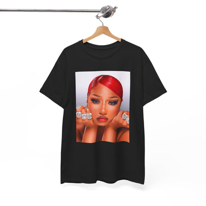 A black graphic t-shirt featuring a bold graphic of Megan Thee Stallion as a rap superstar.