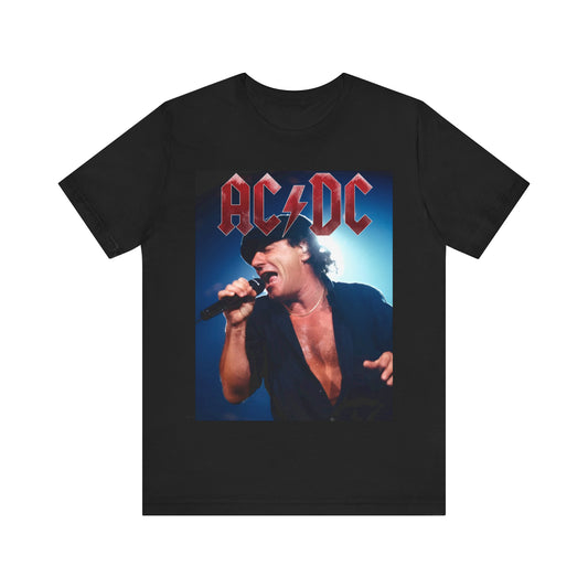 A graphic of AC/DC's lead singer, Brian Johnson, performing with powerhouse energy live on stage, printed on a t-shirt.
