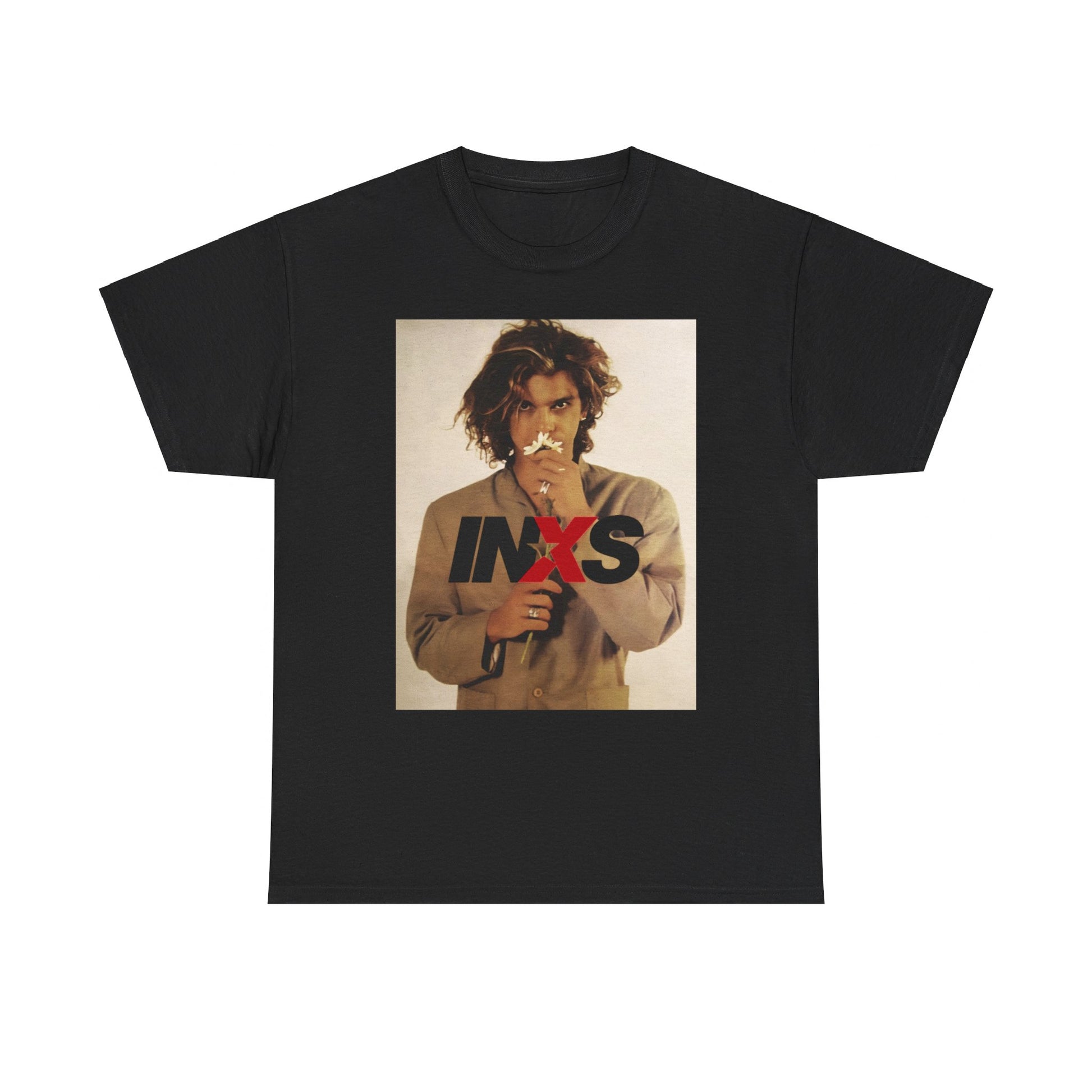 A black graphic t-shirt featuring a 90s cool Australian rock vibe graphic of INXS.